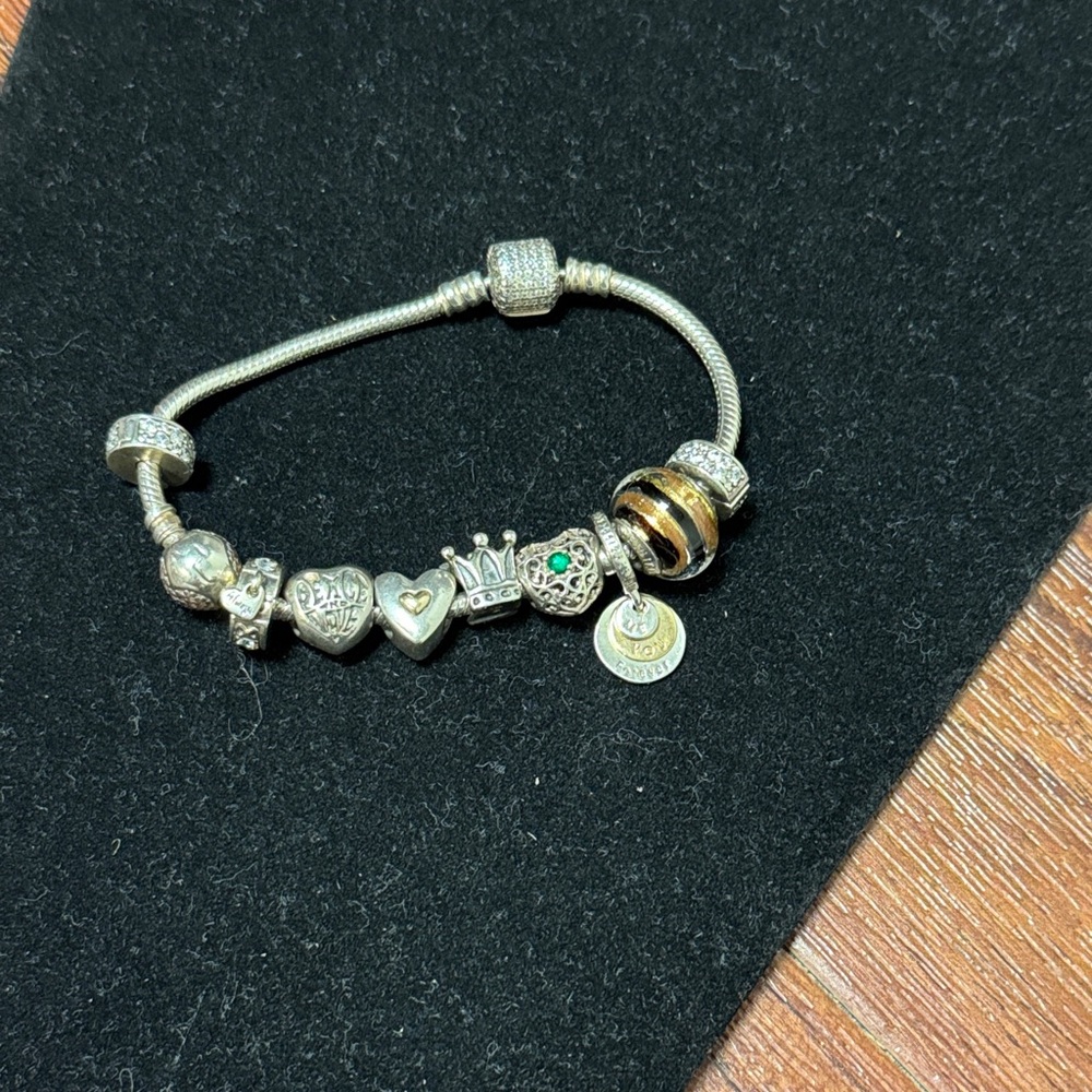 Pandora Charm Bracelet Sterling Silver with 10 charms